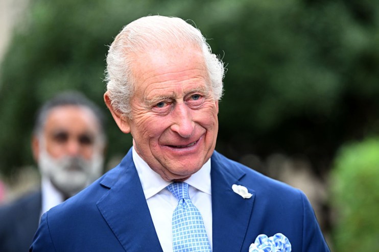 King Charles addressing the public during a royal event, wearing a formal suit and standing in front of a historic building.