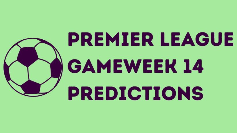 Premier League Gameweek 14 predictions with team logos, match fixtures, and expert analysis in a colorful graphic.