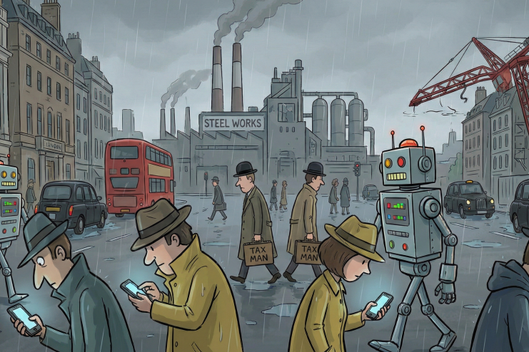 UK economics quiz illustration for City AM featuring financial graphics and British currency symbols