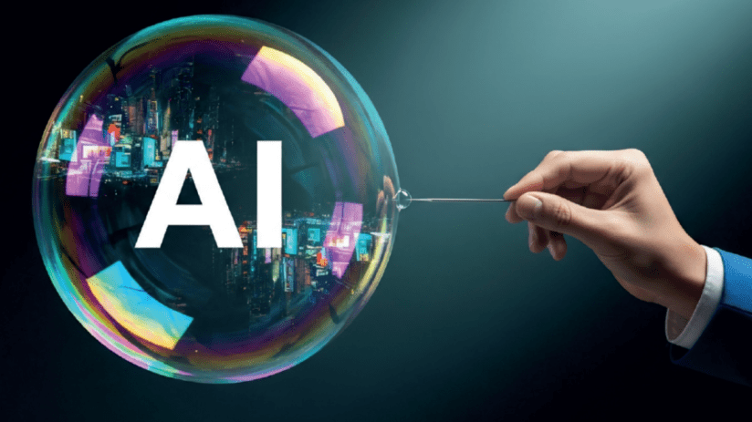 Colorful digital bubbles representing AI technology innovation floating against a dark background in a business news context