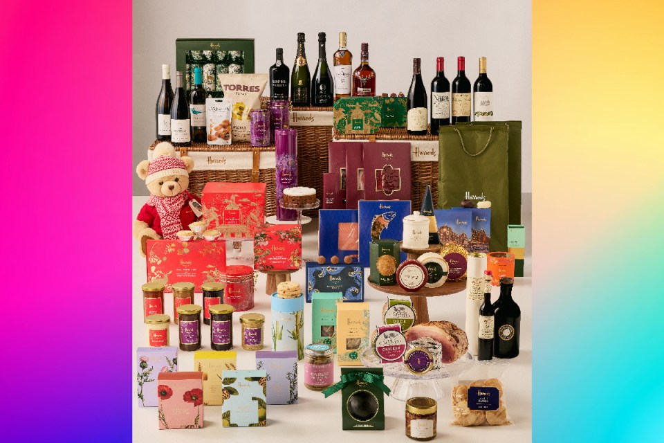 Christmas gifts 2025: Harrods luxury hamper showcasing gourmet treats and fine wines, ideal for holiday gifting and festive celebrations
