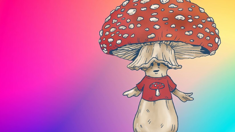 Person in mushroom-themed costume participating in a local event, highlighting creativity and community engagement.