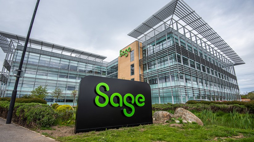 Sage Global Headquarters building exterior showcasing modern architecture and company branding in a business district sett...