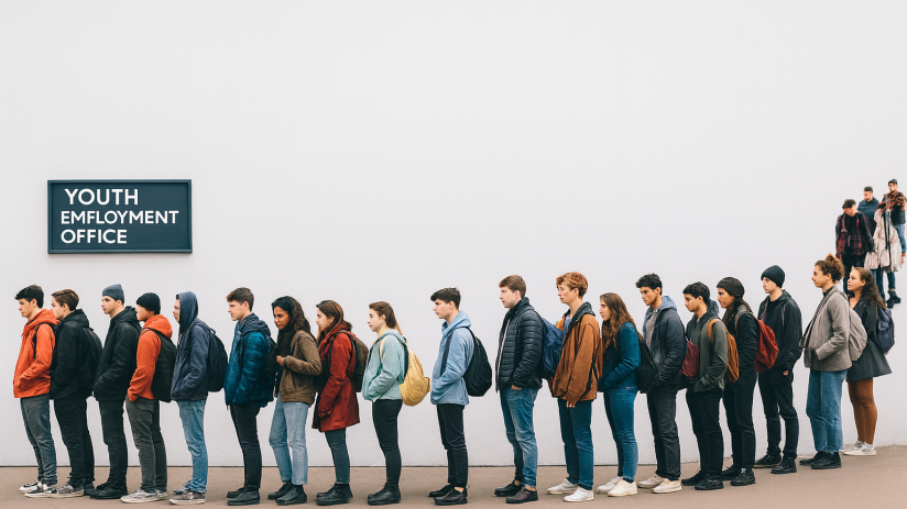 Young adults in a city center holding resumes, discussing job opportunities amidst rising youth unemployment rates.