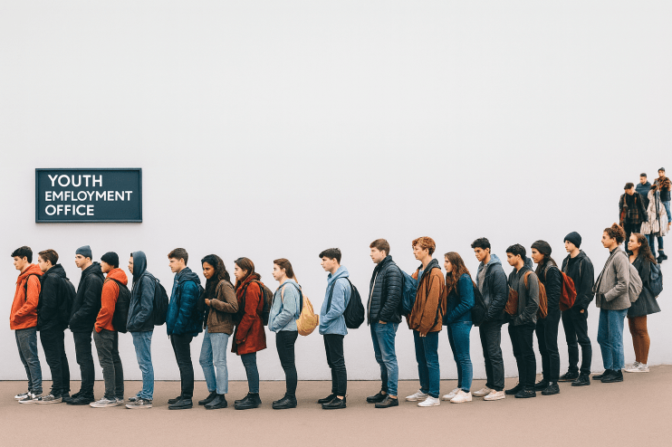 Young adults in a city center holding resumes, discussing job opportunities amidst rising youth unemployment rates.