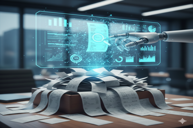 AI technology enhancing business audit processes in a modern office setting with charts and data displays