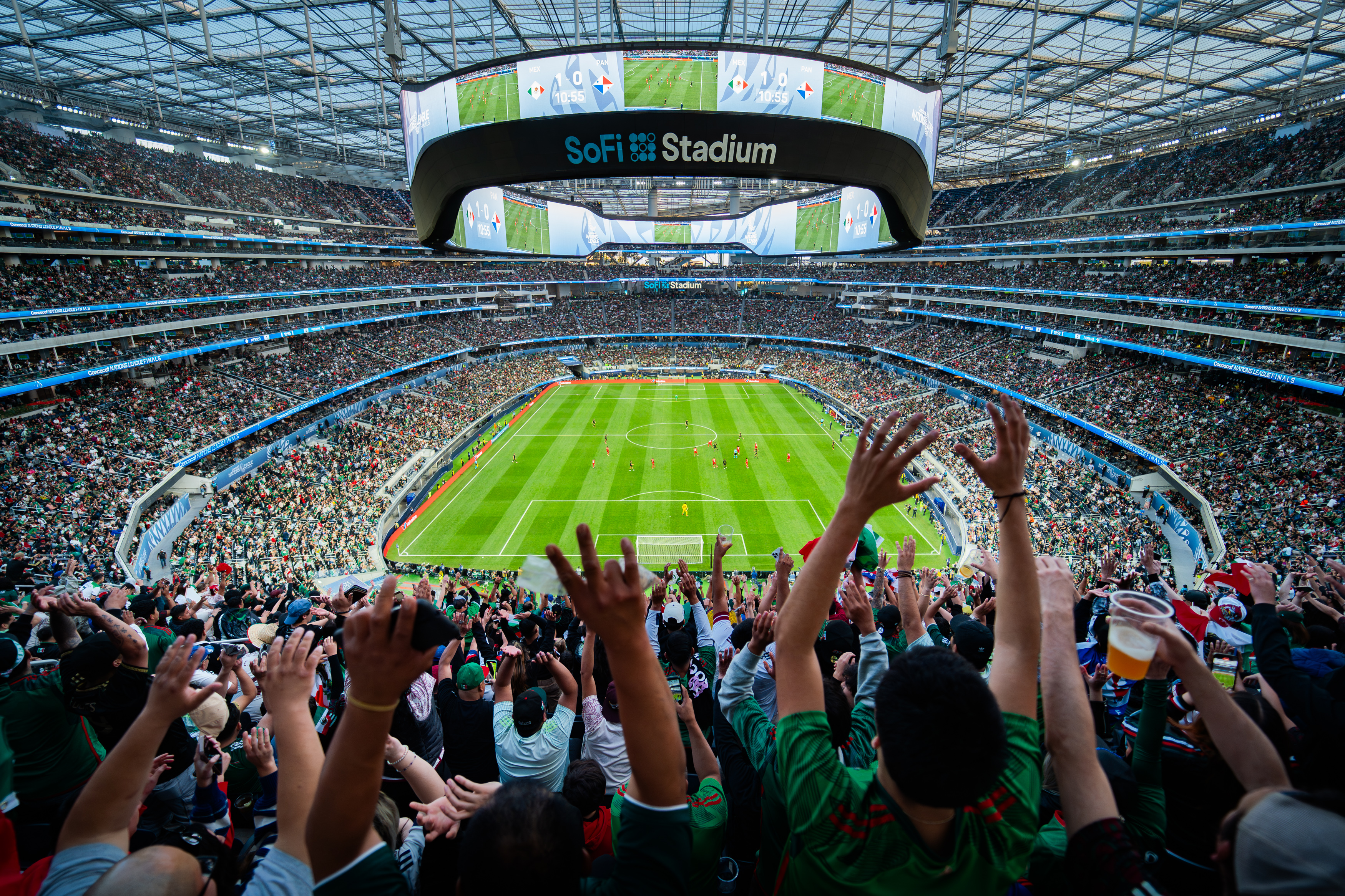 Mexico vs Panama CONCACAF Nations League Final action at SoFi Stadium, players in dynamic play under bright stadium lights.