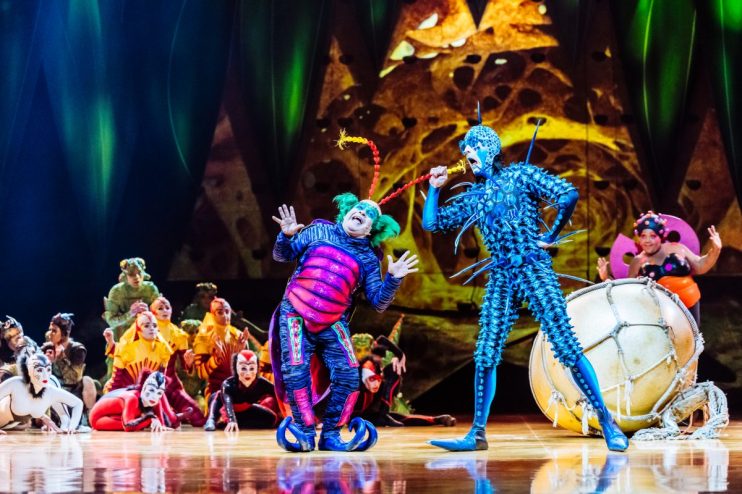 Cirque du Soleil OVO clowns performing in colorful costumes during a vibrant and captivating circus act