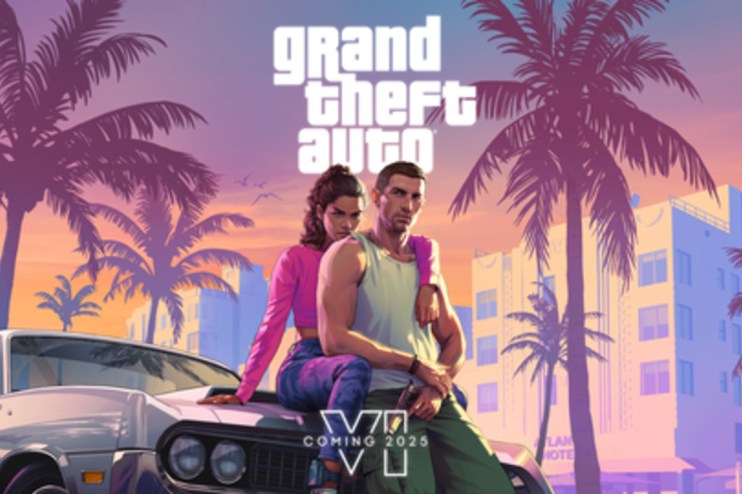 GTA 6 gameplay screenshot featuring vibrant cityscape with high-speed car chase and detailed character models