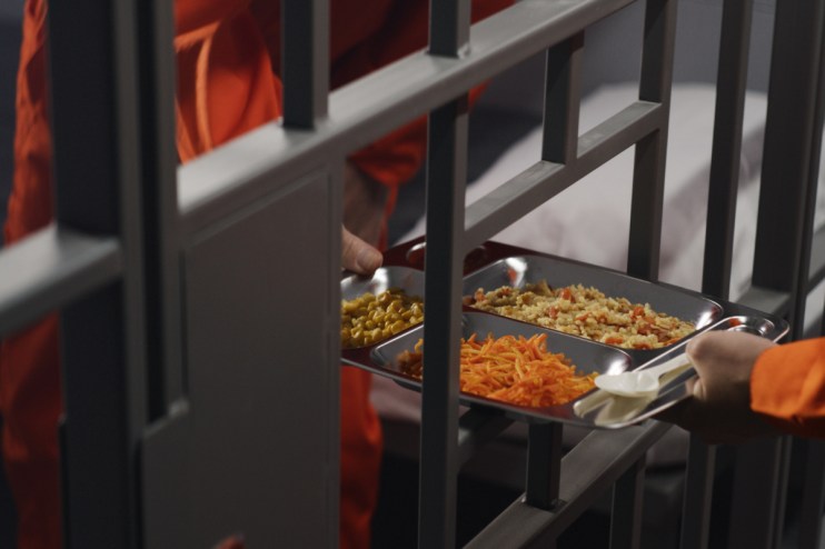 A tray of typical prison food with portions of mashed potatoes, green beans, and a meat patty, reflecting inmate meal stan...