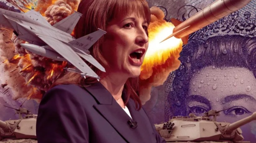 Rachel Reeves discussing defense strategy in a business suit at a podium with a serious expression and audience in background