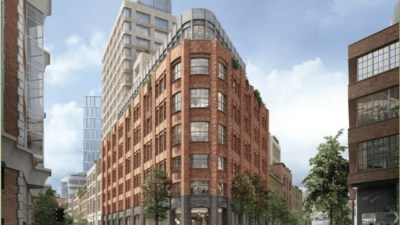 Shoreditch coworking space bustling with professionals collaborating in a modern, creative business environment