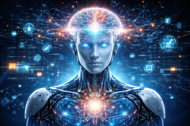 Futuristic depiction of artificial general intelligence concept with advanced algorithms and neural networks in a digital ...