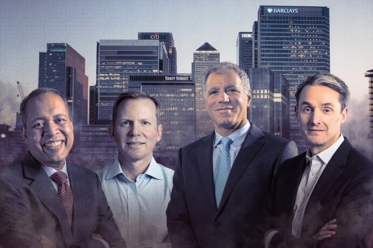 Banking executives in formal attire discussing financial strategies at a corporate meeting table