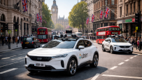 Driverless Uber robotaxi cruising through city streets, showcasing autonomous vehicle technology and innovation in urban t...