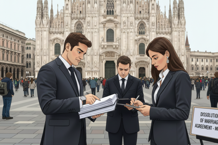 Couple discussing non-dom policy changes leading to divorce in Milan courtroom