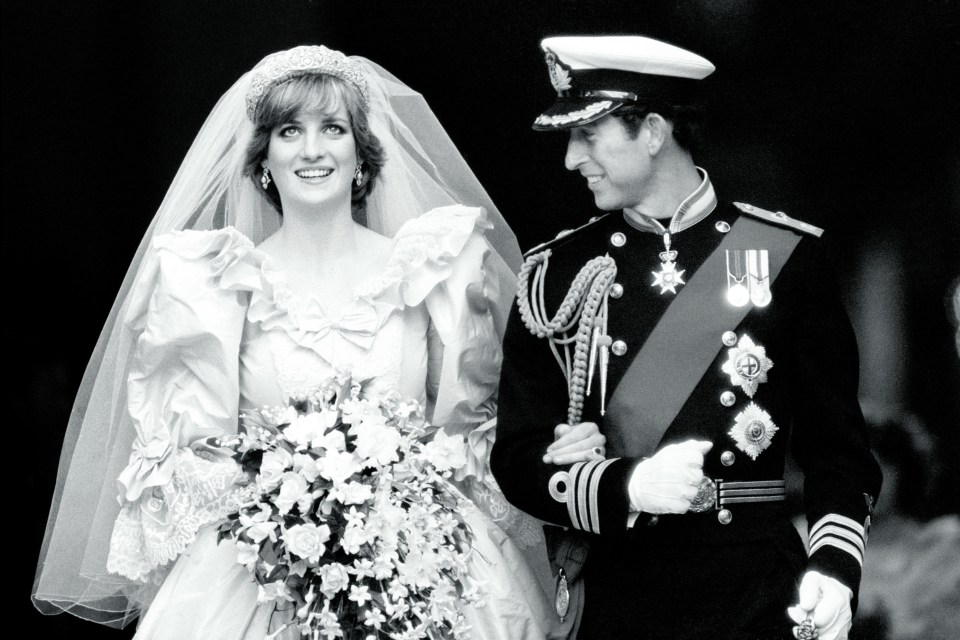 Princess Diana holding a bouquet of flowers, symbolizing grace and elegance, in a historic royal event setting