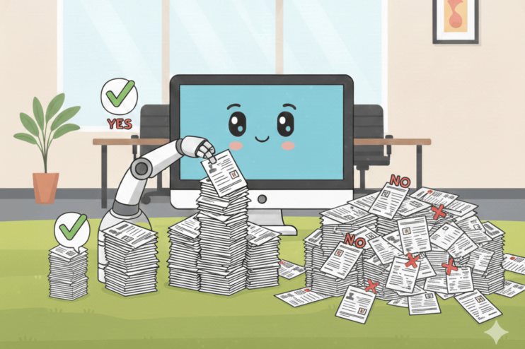 AI-driven recruitment process showing diverse candidates and digital profiles on a screen in a modern office setting.