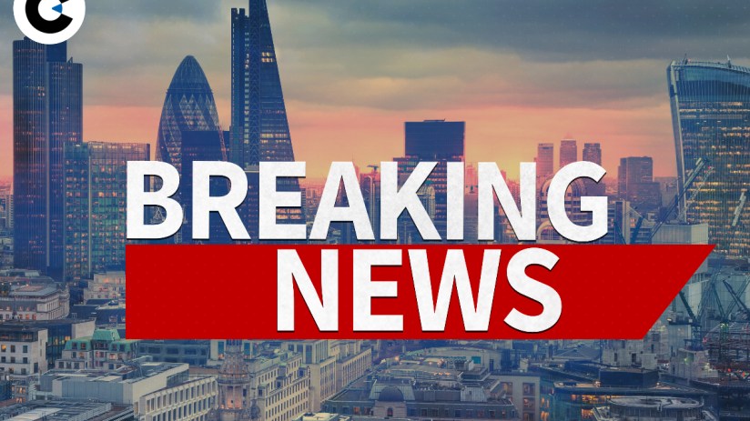 Breaking news update banner on a business website with a headline and icons against a dynamic blue background