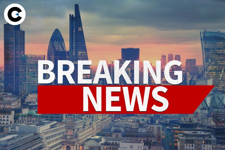 Breaking news update banner on a business website with a headline and icons against a dynamic blue background