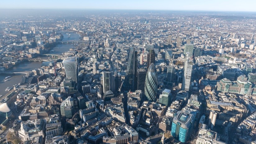 Aerial view of city cluster looking west, showcasing urban development and architectural landscape in 2017