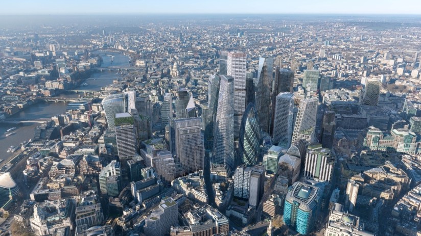 View of City Cluster looking west, February 2026, showcasing urban landscape and modern architecture under clear skies.