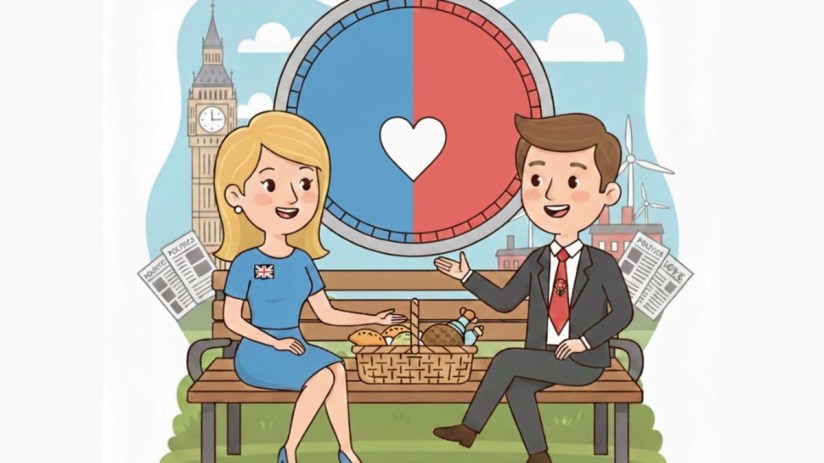 Couple discussing political differences peacefully over coffee, illustrating dating challenges across political divides in...