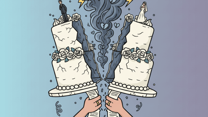 Couple signing prenuptial agreement at a desk, symbolizing divorce discussions and legal preparations.