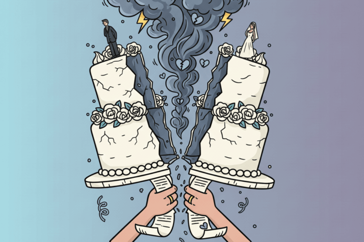 Couple signing prenuptial agreement at a desk, symbolizing divorce discussions and legal preparations.