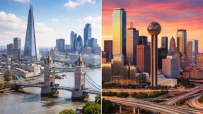 Aerial view of London and Dallas with iconic landmarks, showcasing urban landscapes and architectural contrasts
