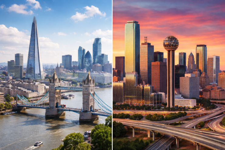 Aerial view of London and Dallas with iconic landmarks, showcasing urban landscapes and architectural contrasts