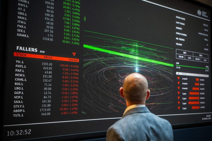 London Stock Exchange digital tickers displaying real-time stock prices and market updates in a bustling financial setting