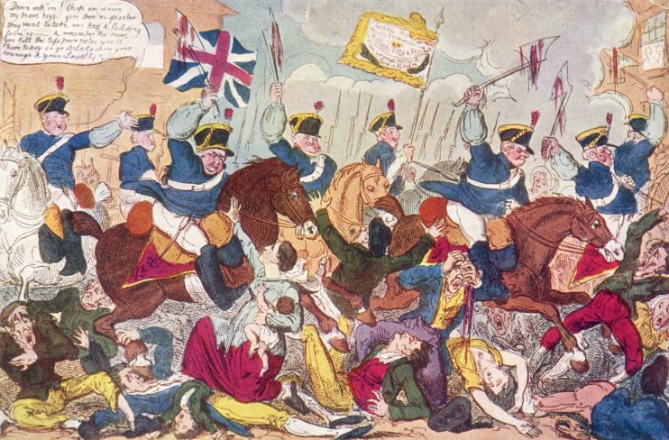 Historical depiction of Peterloo Massacre with crowds and mounted soldiers in St Peters Field, Manchester, in early 19th c...