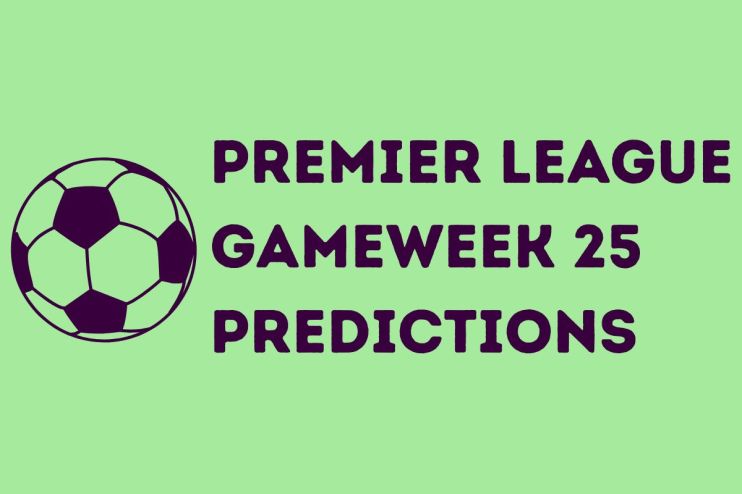 Premier League Gameweek 25 predictions with players in action on the field and team logos in the background