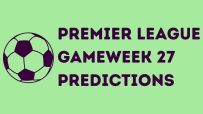 Premier League Gameweek 27 predictions chart with team logos and match dates displayed against a vibrant football-themed b...