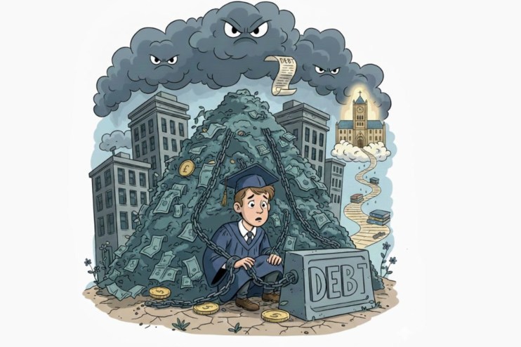 Student reviewing loan documents amidst growing debt concerns