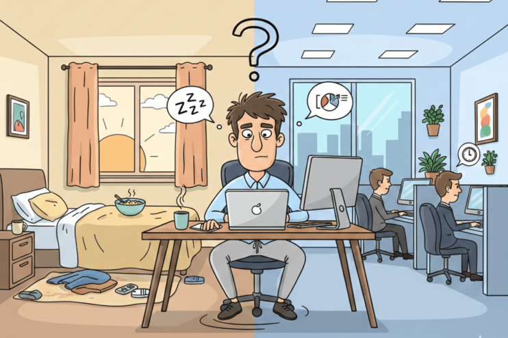 Gemini working remotely from home with a laptop on a desk, showcasing productivity in a modern home office setting