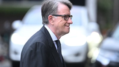 Peter Mandelson speaking at a business conference wearing a suit and tie, gesturing with his hands in a professional setting