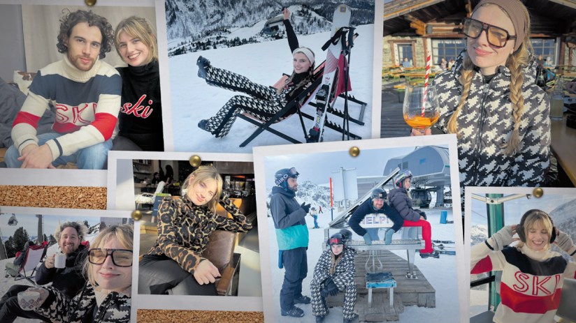 Person wearing a stylish ski outfit on a snowy slope, showcasing winter sports fashion for a news feature on skiing trends