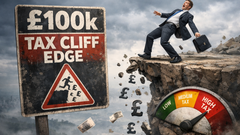 Graph illustrating the impact of the &pound;100k tax threshold on earnings, highlighting the financial cliff edge for high earners