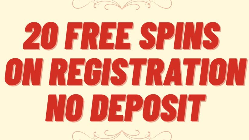 Casino promotion banner offering 20 free spins upon registration with no deposit required, featuring vibrant gaming graphics