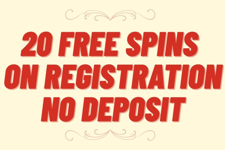 Casino promotion banner offering 20 free spins upon registration with no deposit required, featuring vibrant gaming graphics