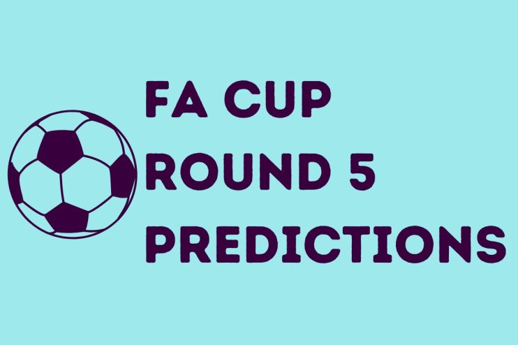 FA Cup Round 5 predictions banner featuring football teams, match schedules, and a football graphic on a green background