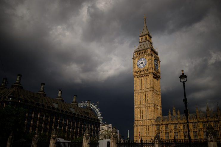 Westminster Houses of Parliament under clear sky, iconic London landmark representing UK government and politics