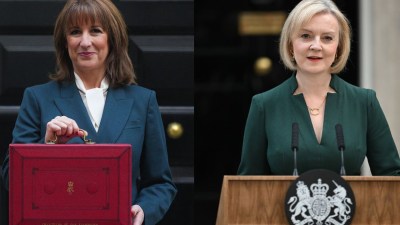 Liz Truss and Rachel Reeves in a public discussion at a business conference, highlighting political and economic topics.
