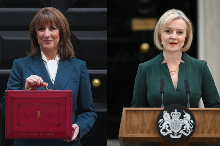 Liz Truss and Rachel Reeves in a public discussion at a business conference, highlighting political and economic topics.