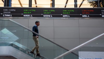 FTSE index numbers displayed on electronic board at London Stock Exchange showing current market trends and performance