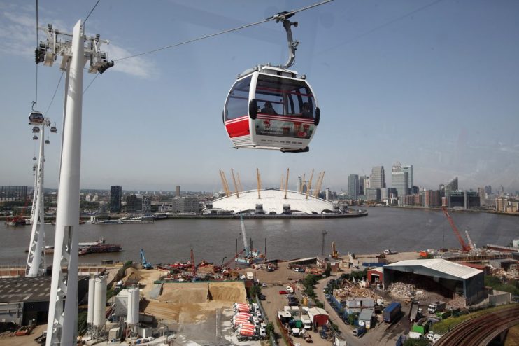 Greenwich London cable car over River Thames with city skyline, highlighting urban transport and scenic views