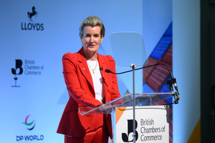 Shevaun Haviland, British Chambers of Commerce boss, speaking at a business event, emphasizing economic growth strategies