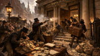 Depiction of the 1831 city bank heist with masked robbers, period clothing, and vintage urban setting